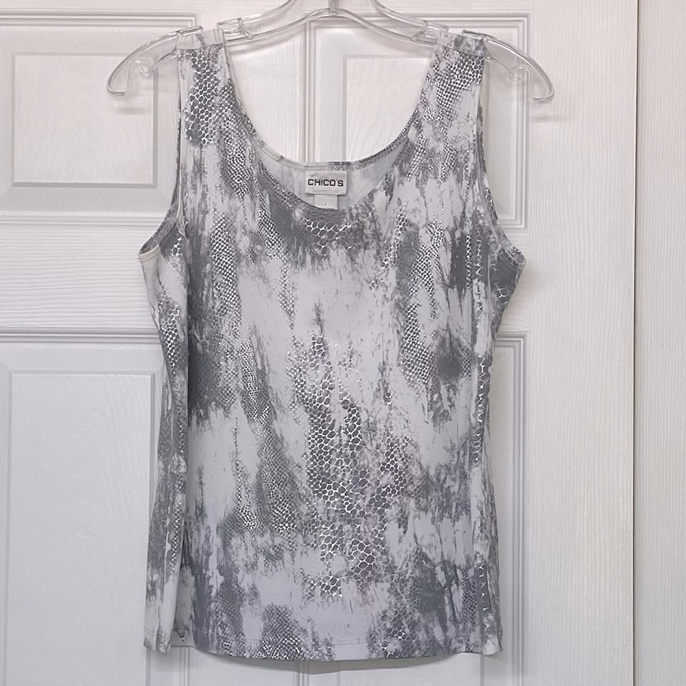 Chico’s White & Silver Metallic Snakeskin Print Tank Top Basics Sz 1 (M)